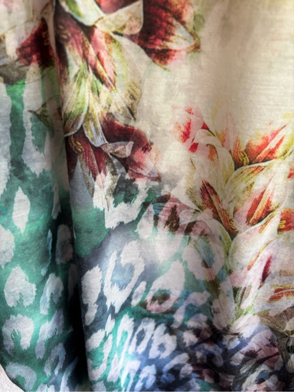 Chico's Teal Green and Cream Floral-Leopard Print Blouse